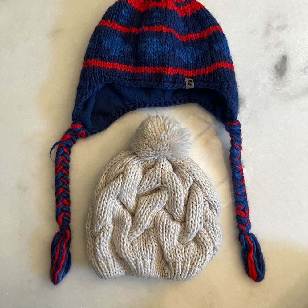 Kids Winter Hat Bundle – The North Face + Gray Cable Knit Pom